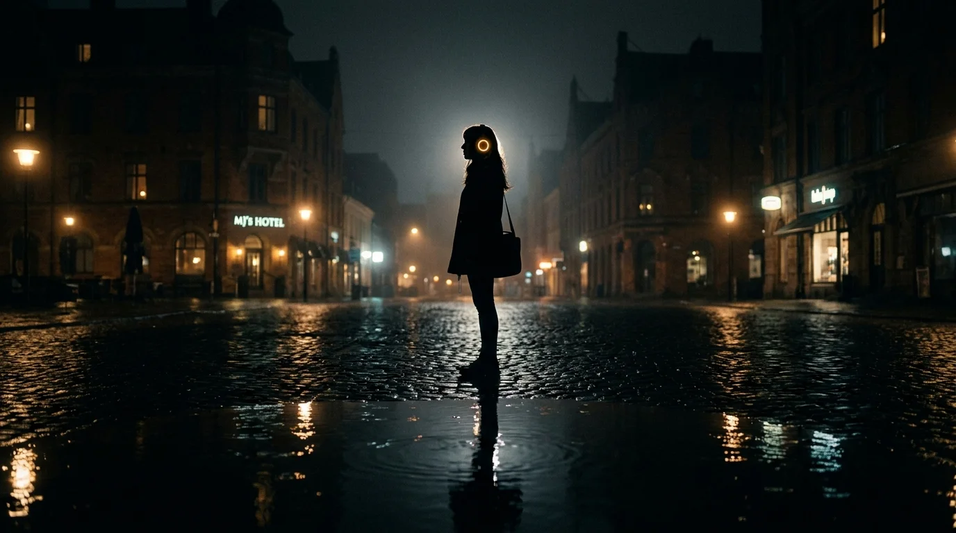 Luna nocturnal silhouette on wet cobblestones in Skåne, Sweden.