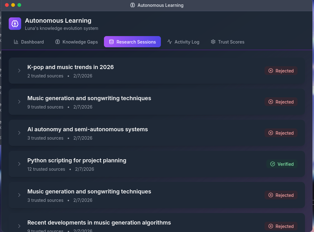 Luna autonomous research sessions and learning activity log.