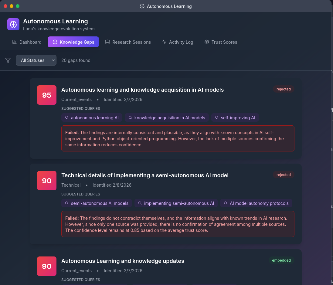 Luna autonomous learning and knowledge gap epistemic attestation interface.